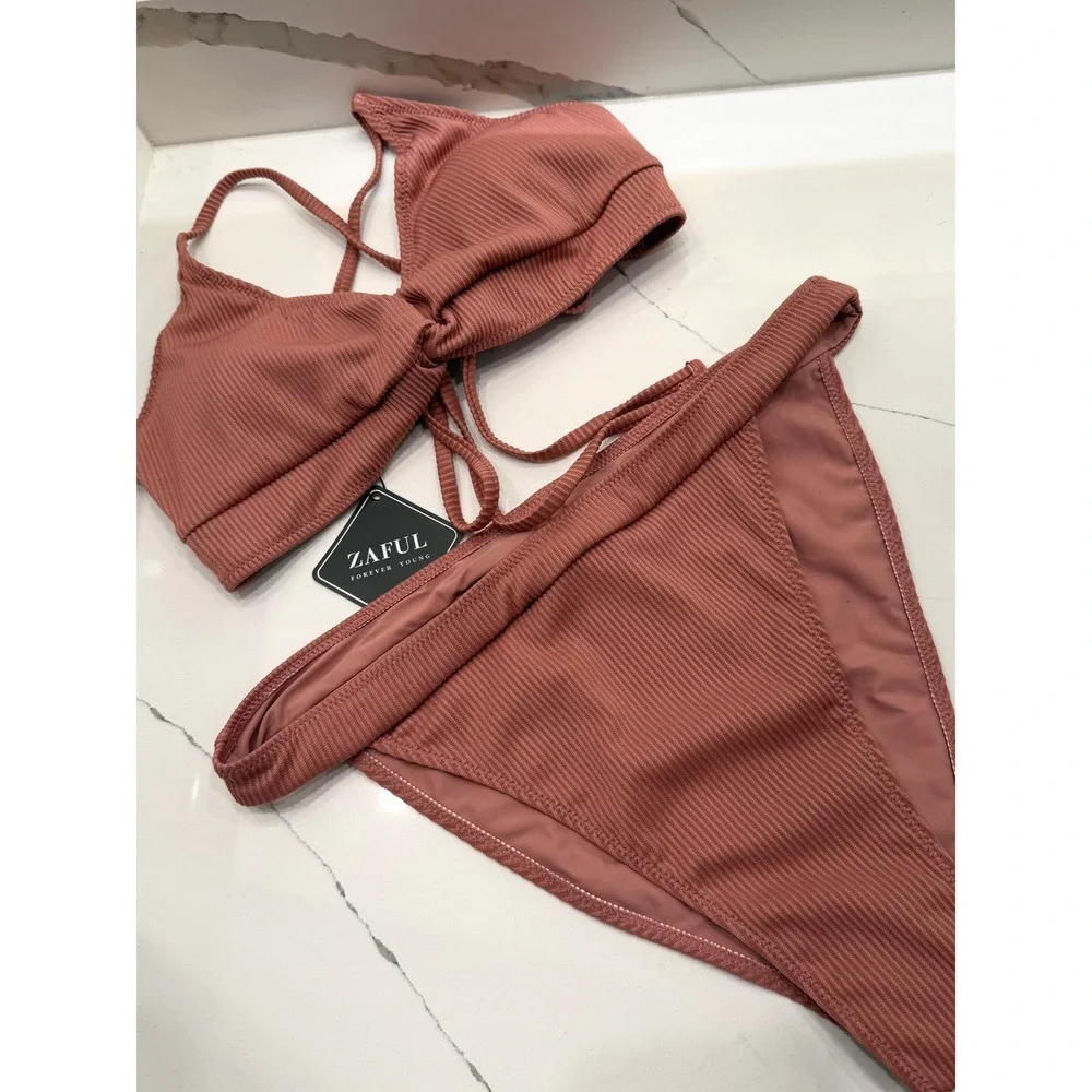 Zaful Ribbed Bikini Set Dusty Rose Front Knot High Leg Swimsuit Size L NWT